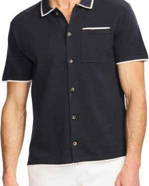 Men’s Short Sleeve Cotton Sweater Button-Down Shirt with Tipped Collar